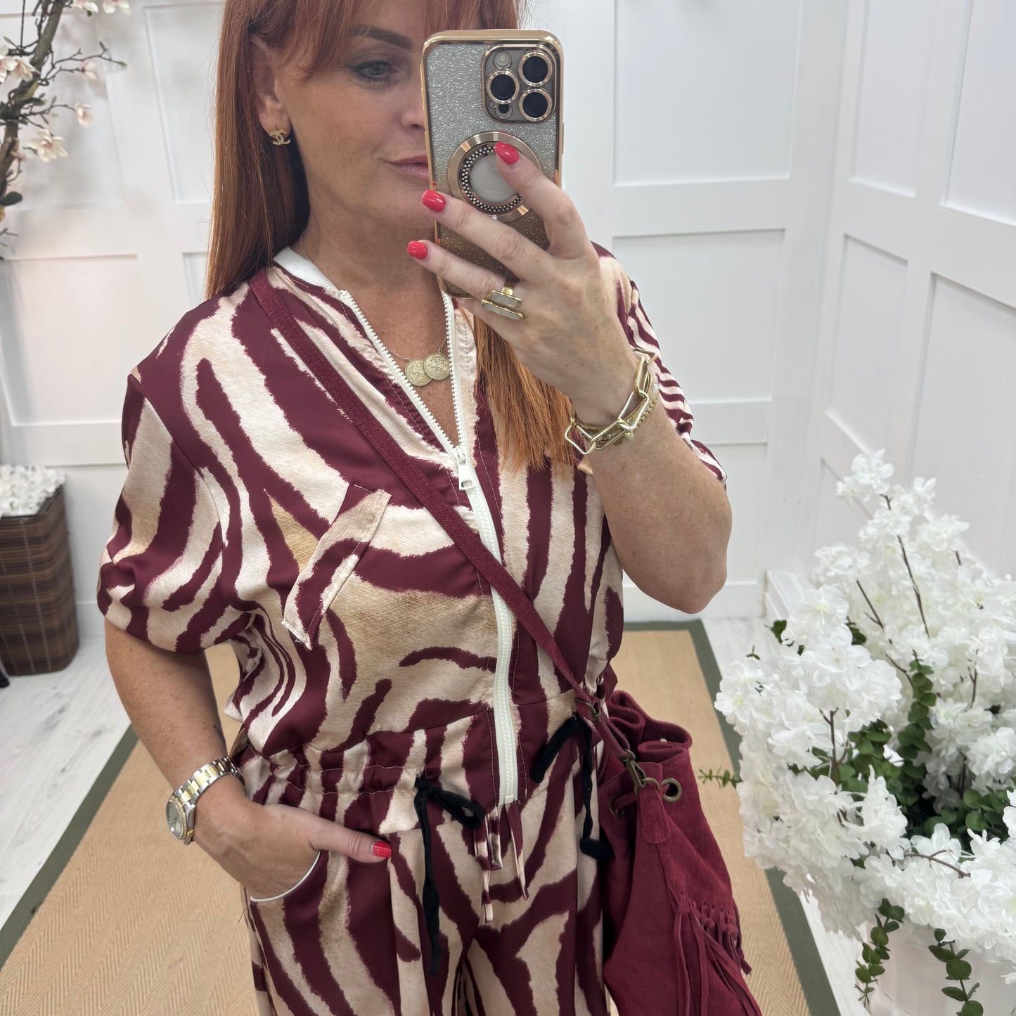 Julie: Silky burgundy zebra printed bomber jacket. One size: 10-16