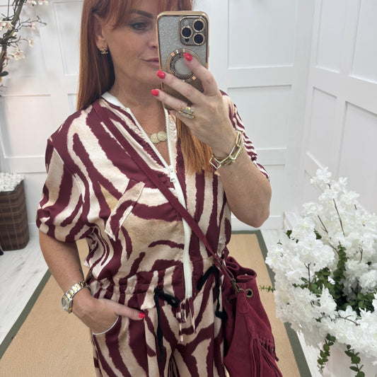 Julie: Silky burgundy zebra printed bomber jacket. One size: 10-16