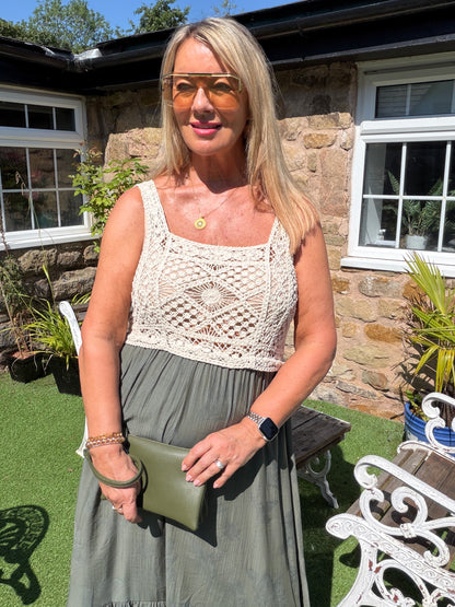 Carly: Cream crochet top maxi dress. One size: 10-16. 3 colours