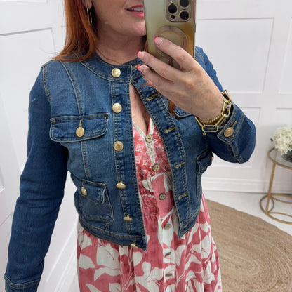 Margot: Blue military button denim jacket. Sizes: 10-20