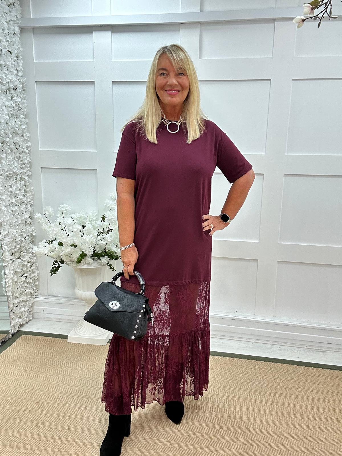 Celeste: Burgundy lace maxi dress. One size: 14-18