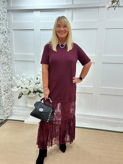 Celeste: Burgundy lace maxi dress. One size: 14-18