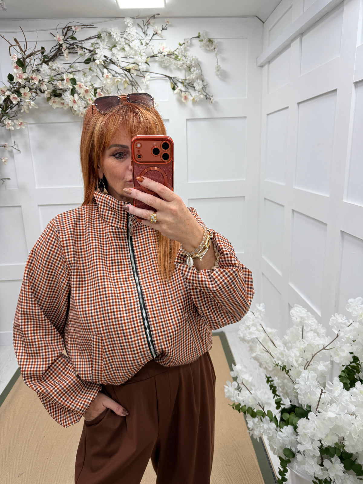 Gigi: Gingham check lightweight funnel neck jacket. One size: 10-16. 3 colours