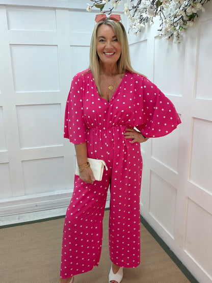 Amalia: Pink and white spotty wide leg jumpsuit. One size: 14-18
