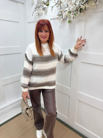 Celine: Cream and taupe striped knit jumper. One size 14-18