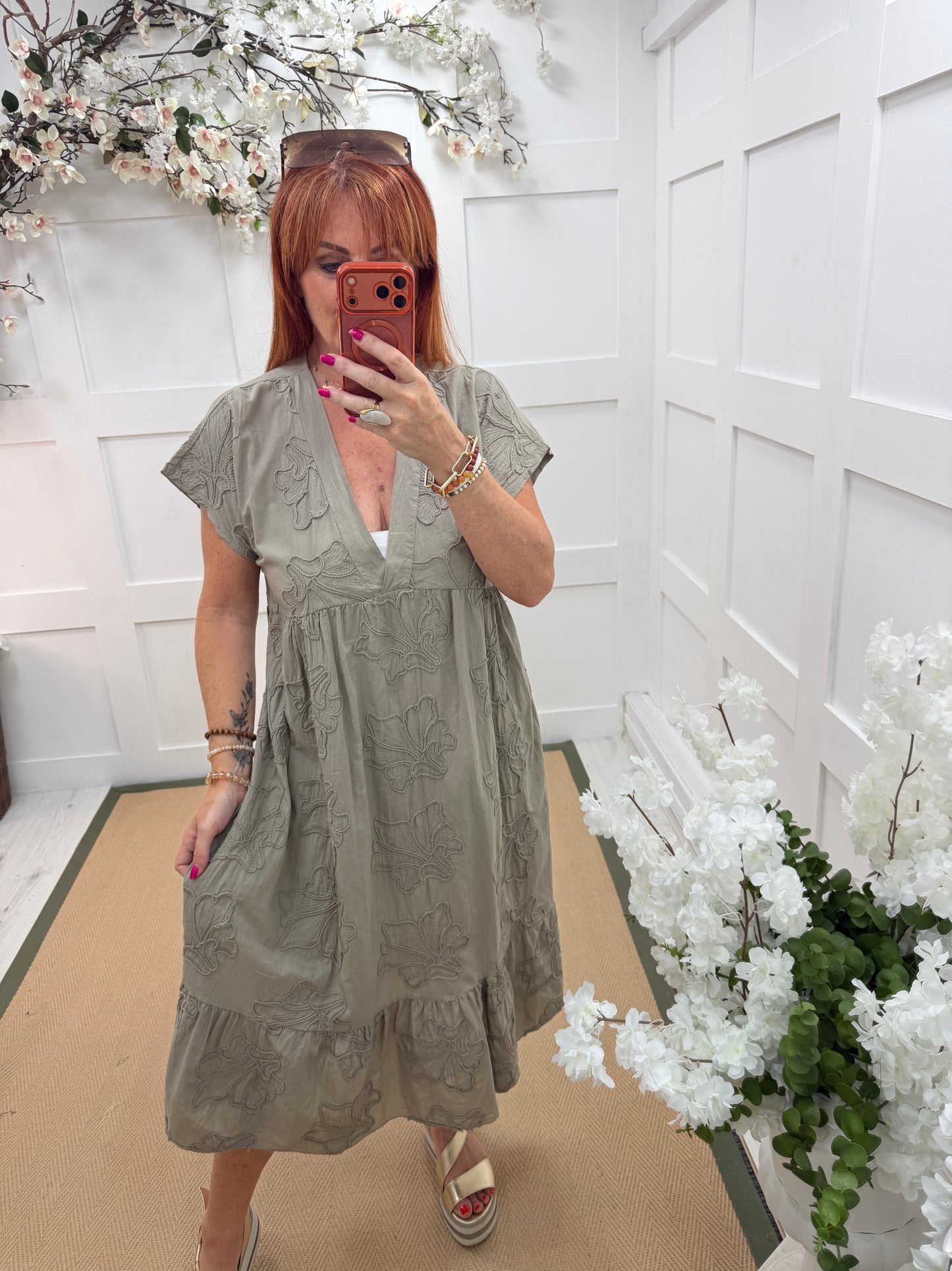 April: Floral embroidered belted midi dress. One size: 10-16. 3 colours