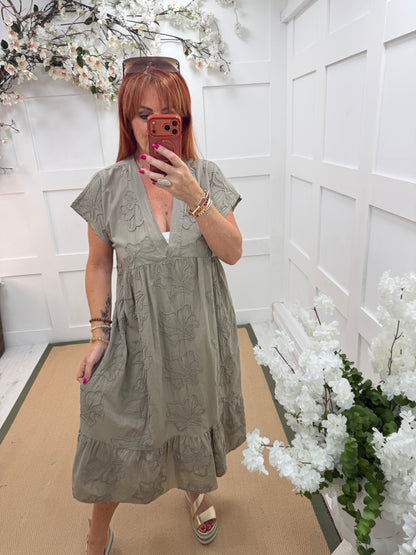 April: Floral embroidered belted midi dress. One size: 10-16. 3 colours