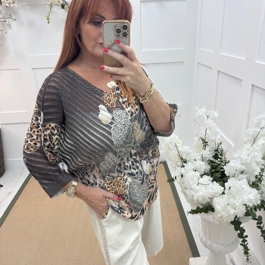 Luna: Brown leopard print heart V neck top. One size: 12-18