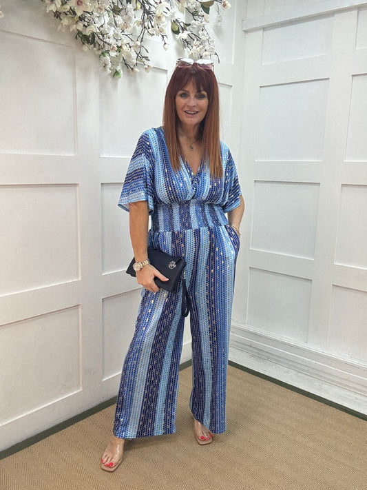 Gia: Blue and gold speckle wide leg jumpsuit. One size: 12-18