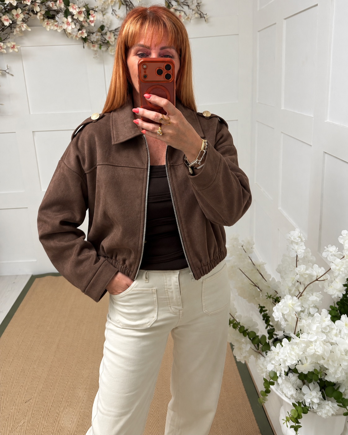Memphis: Faux suede military style bomber jacket. One size 10-18
