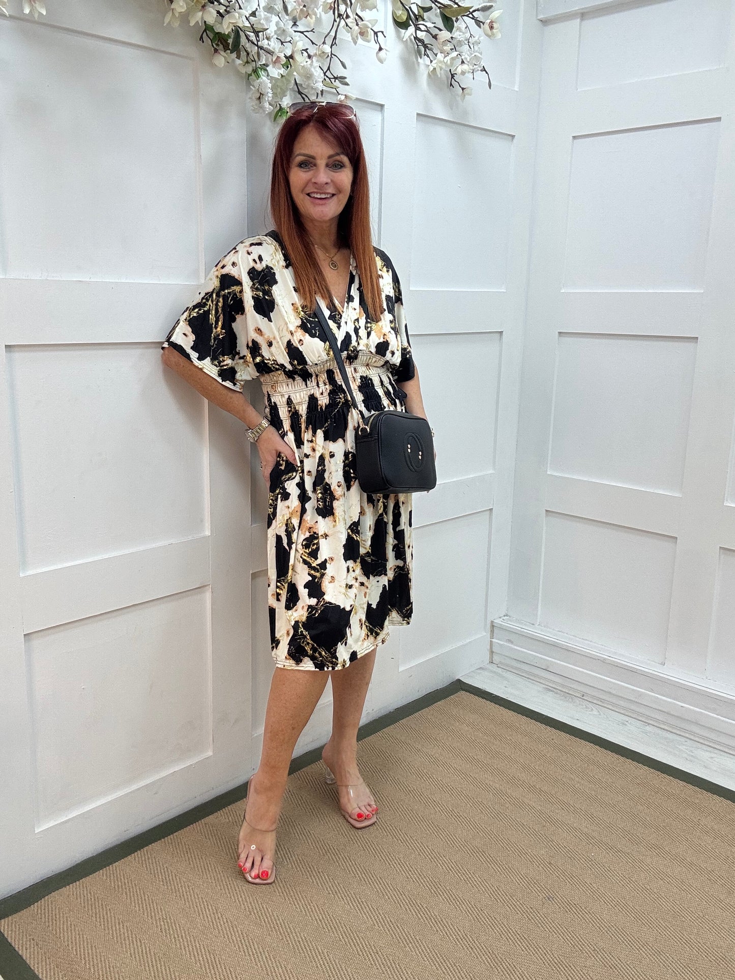 Dixi: Black & cream stretchy midi wrap dress. One size 12-22