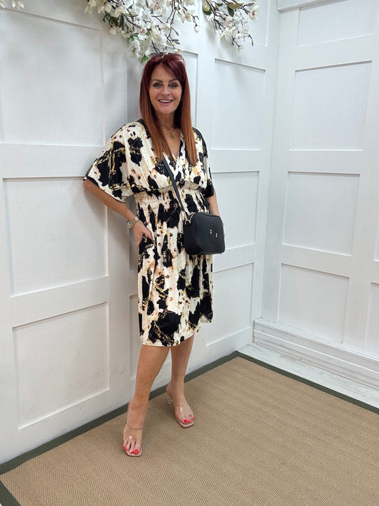 Dixi: Black & cream stretchy midi wrap dress. One size 12-22