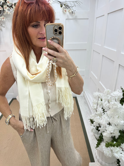 Indra: Plain cream soft feel tassel scarf