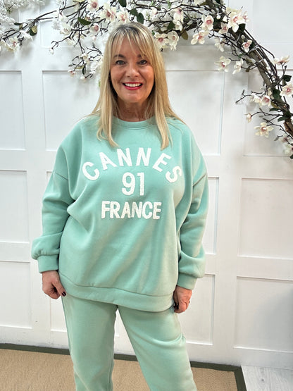 Chloe: Mint Cannes 2 piece loungewear set. One size: 14-18