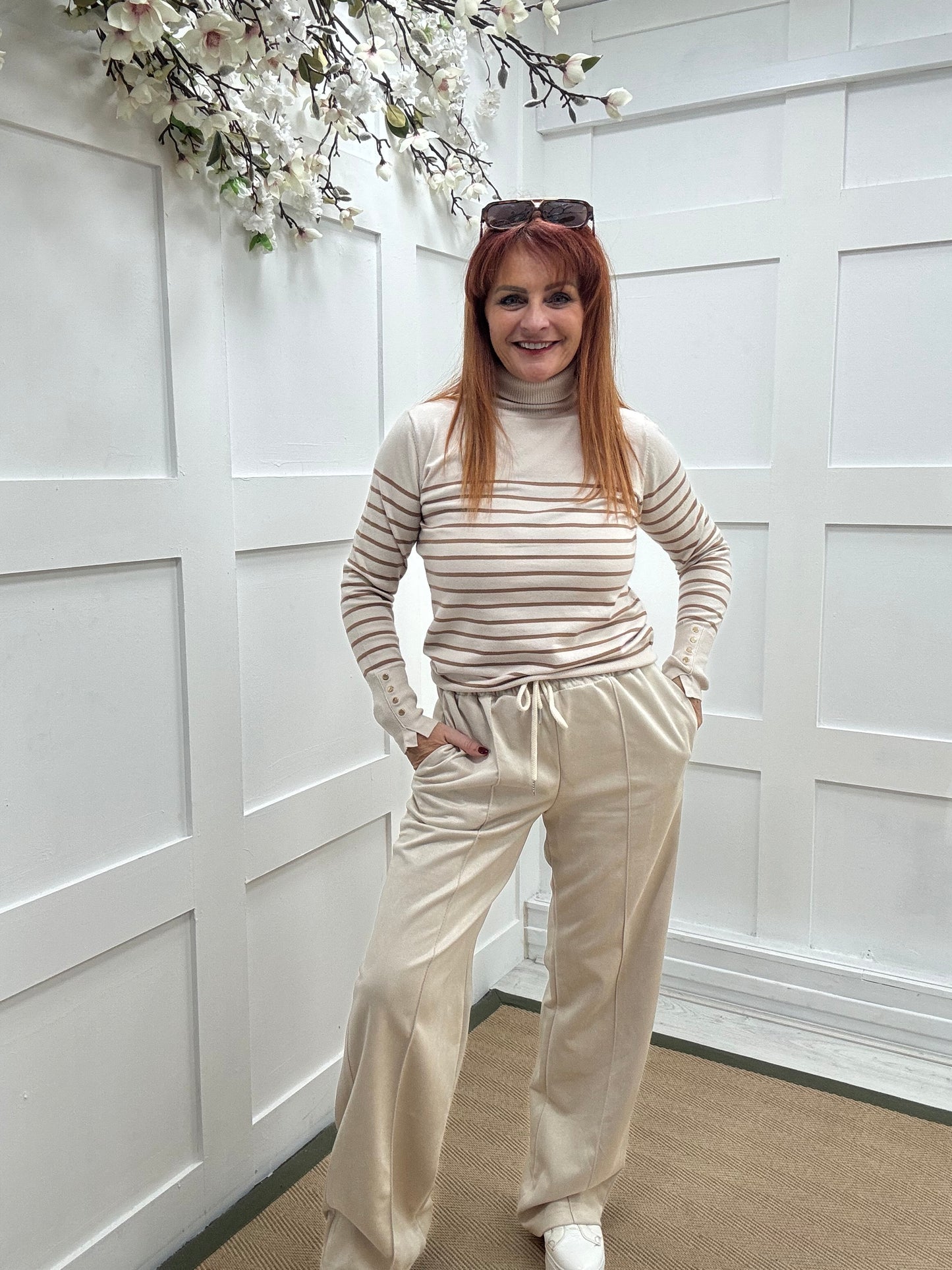 Karina: Cream & sand striped polo neck top. One size 10-14