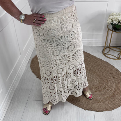 Meidi: Cream crochet maxi skirt. One size: 8-16