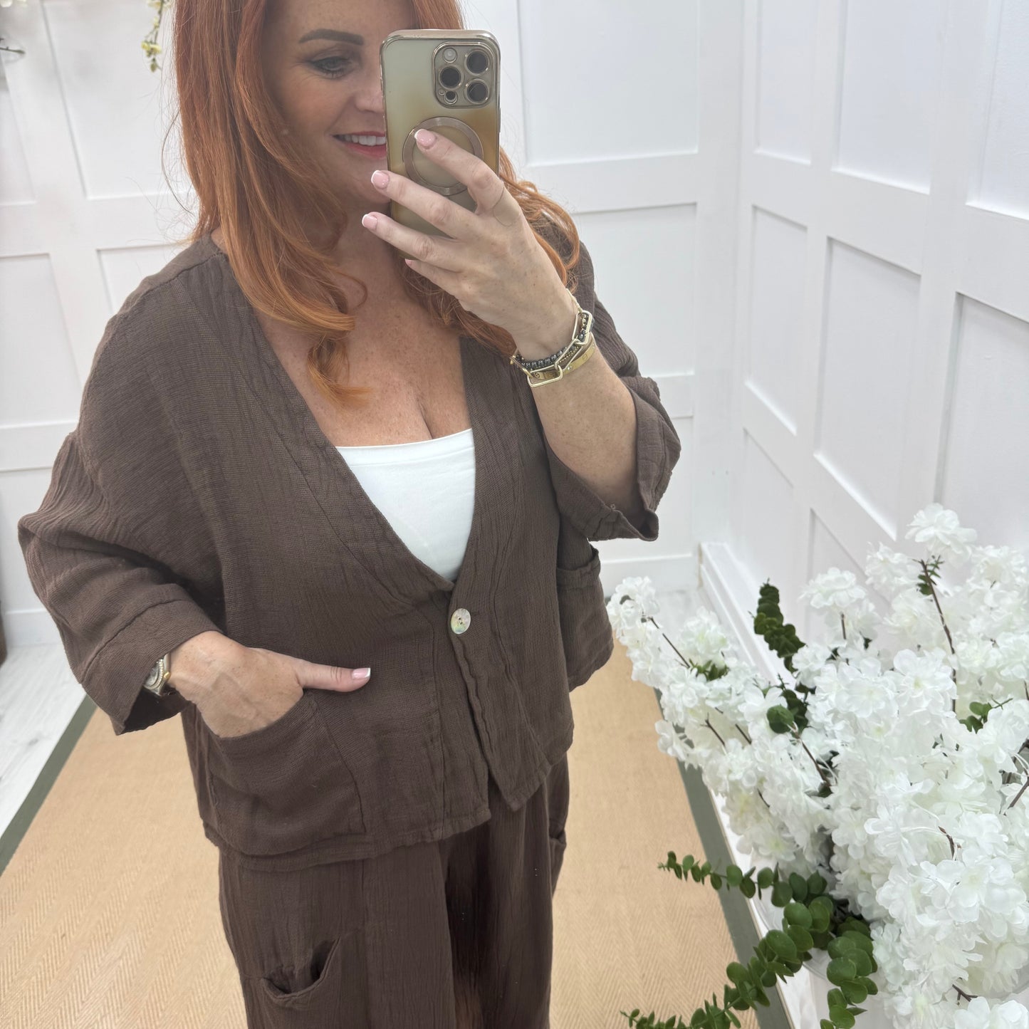 Kelsey: Brown jacket & trouser co-ord set. One size: 14-20/22