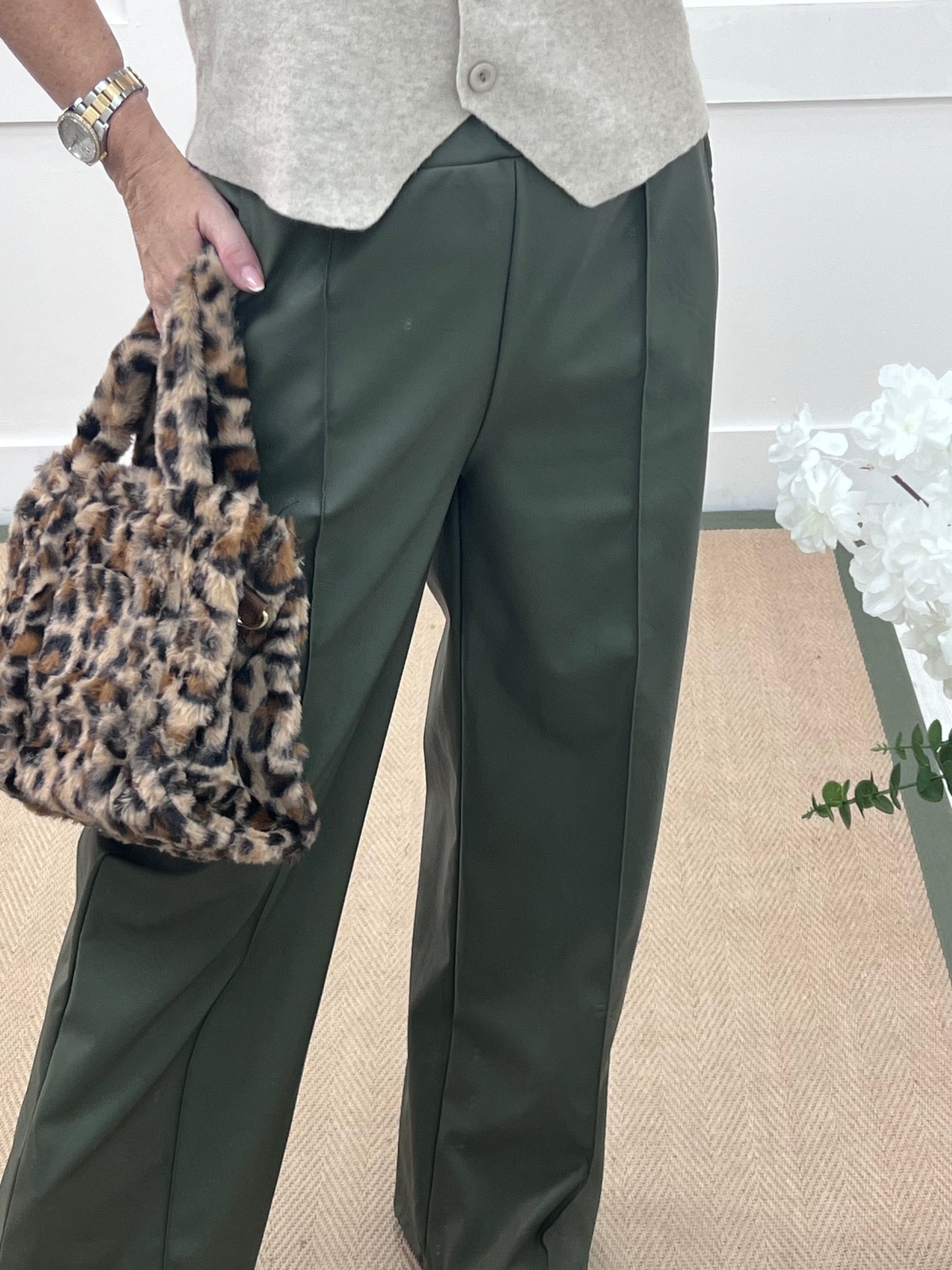 Tabatha: Khaki faux leather trousers. One size: 12-16