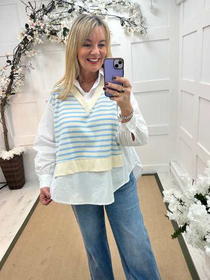 Miranda: Blue stripe tank top shirt. One Size: 14-18