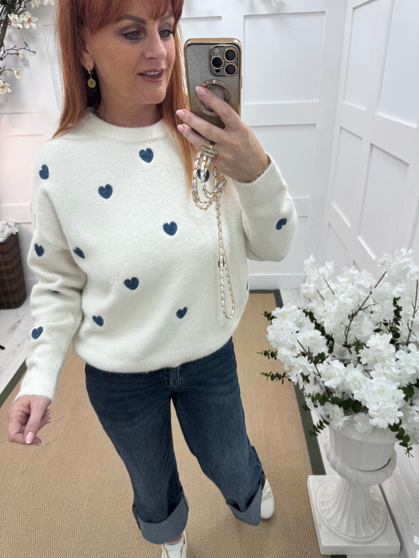 Harmony: Cream & blue heart wool top. One size: 12-18