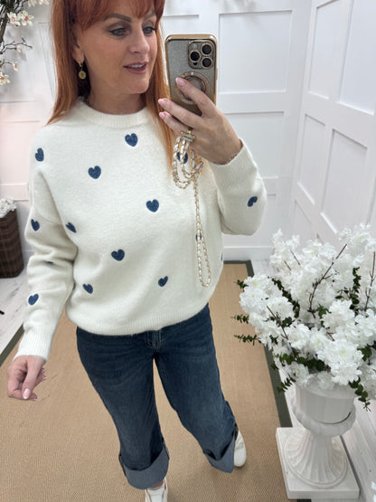 Harmony: Cream & blue heart wool top. One size: 12-18