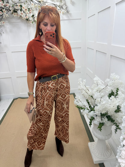Florrie: Printed needlecord barrel leg belted trousers. One size: 10-18. 3 colours