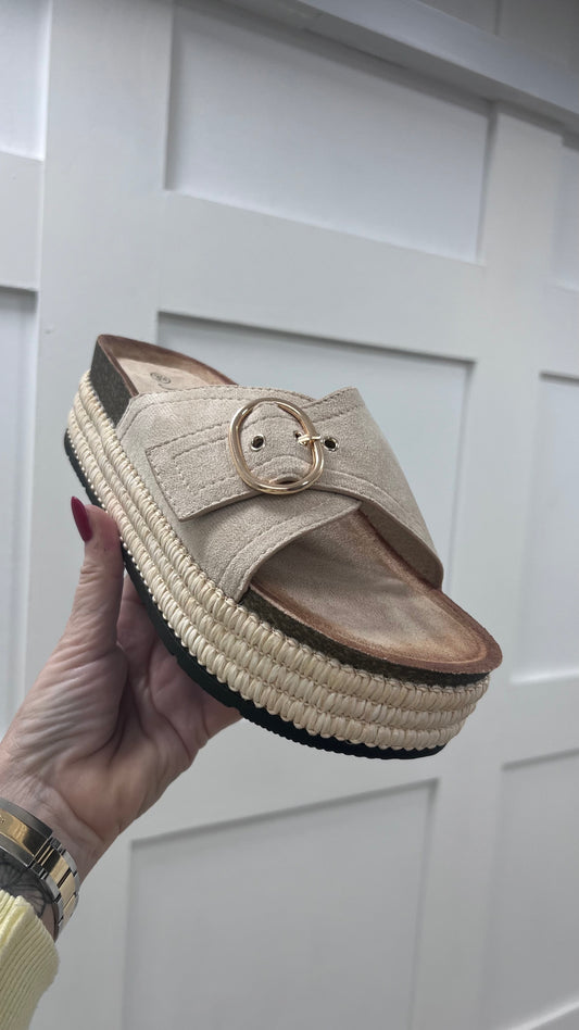 Nadia: Beige gold buckle strap platform sliders. Sizes: 3-8