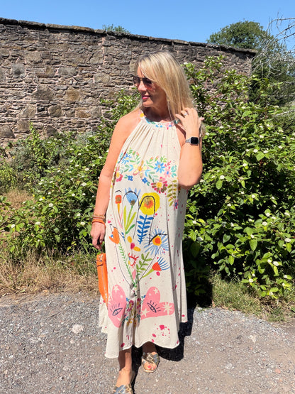 Paloma: Halter neck tropical print maxi dress. One size 12–18. 2 colours