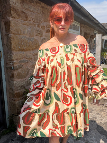 Rosie: Multicoloured 3/4 ruffle sleeve printed midi dress. One size: 12-18