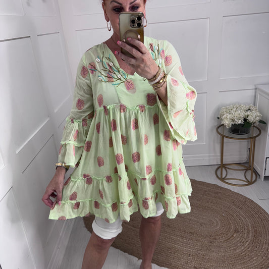 Lilia: Mint shell & embroidery tunic dress. One size: 12-16