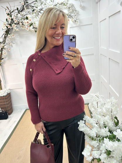 Rumer: Burgundy split neck button top. One size 12-18