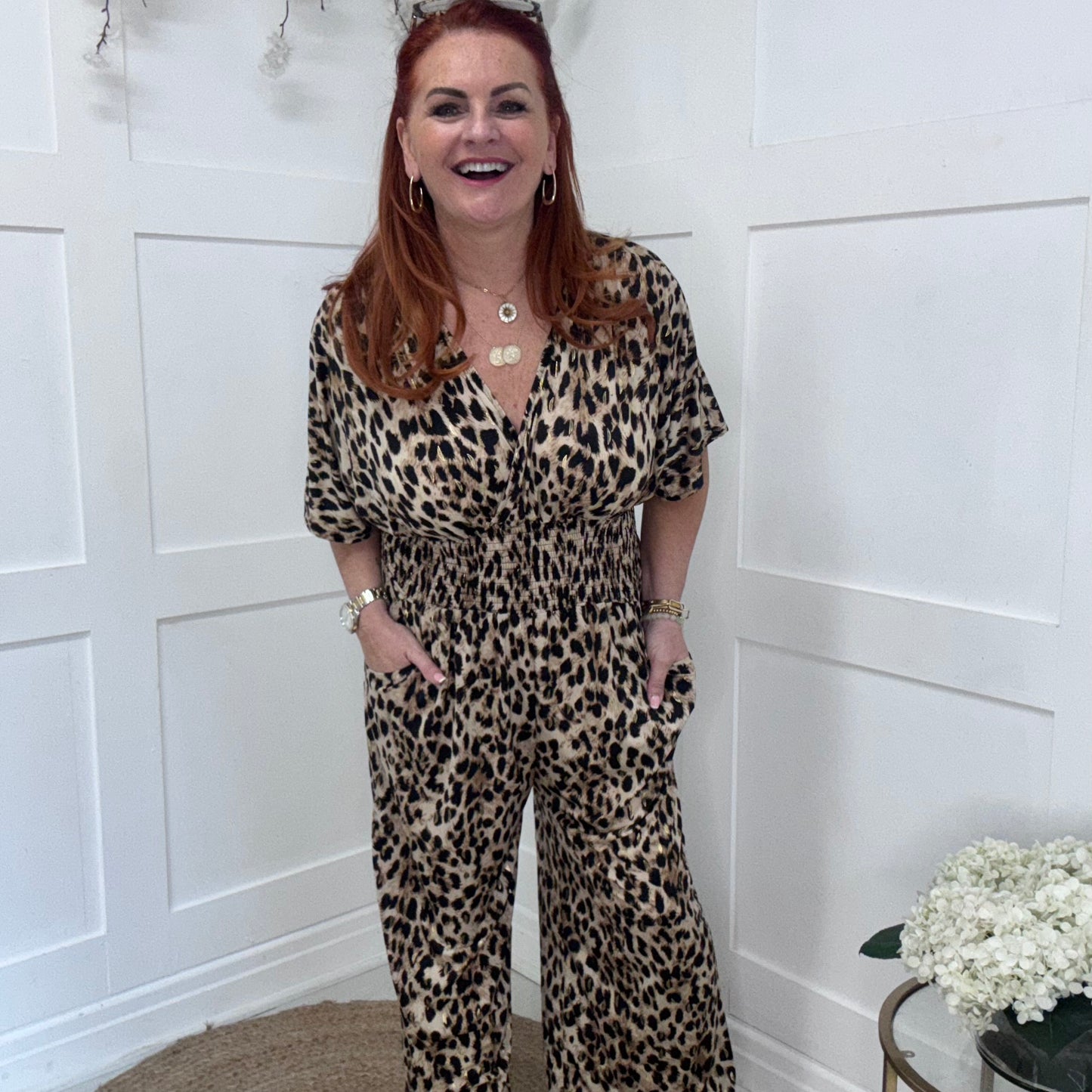 Maddie: Stretchy leopard print jumpsuit with pockets. One size: 12-20