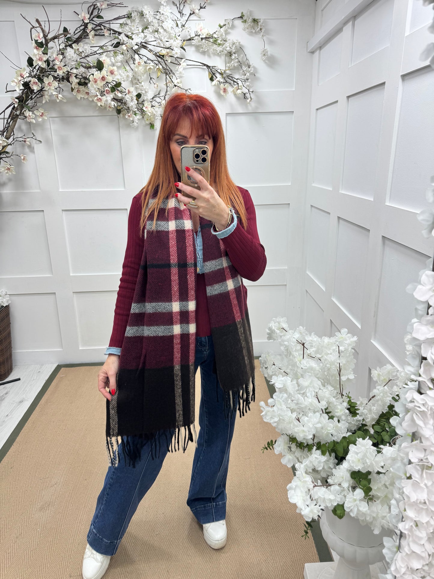 Britt: Burgundy check designer inspired cashmere blend scarf