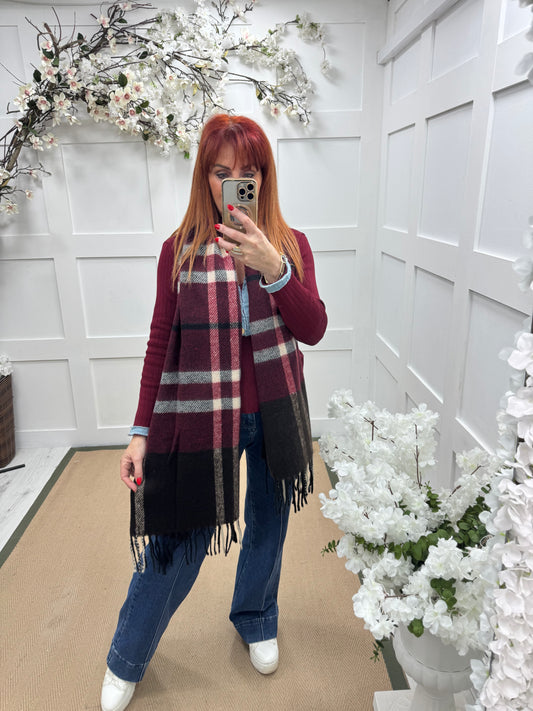 Britt: Burgundy check designer inspired cashmere blend scarf
