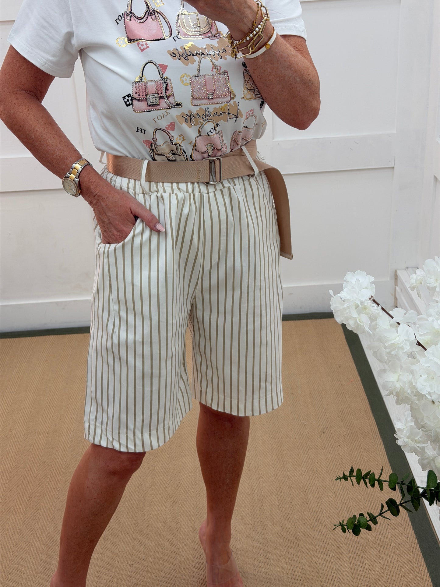 Sienna: Striped belted shorts. One size: 10-16. 3 colours