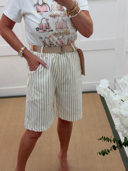 Sienna: Striped belted shorts. One size: 10-16. 3 colours