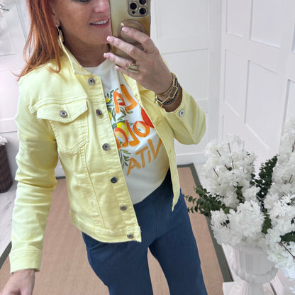 Iris: Lemon stretchy denim jacket. Sizes: 10-16