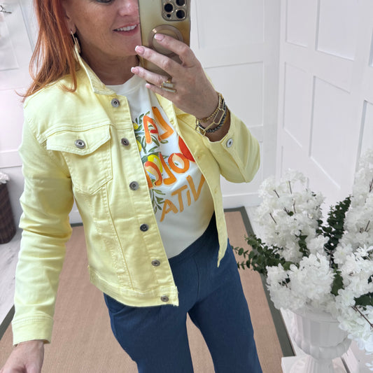 Iris: Lemon stretchy denim jacket. Sizes: 10-16