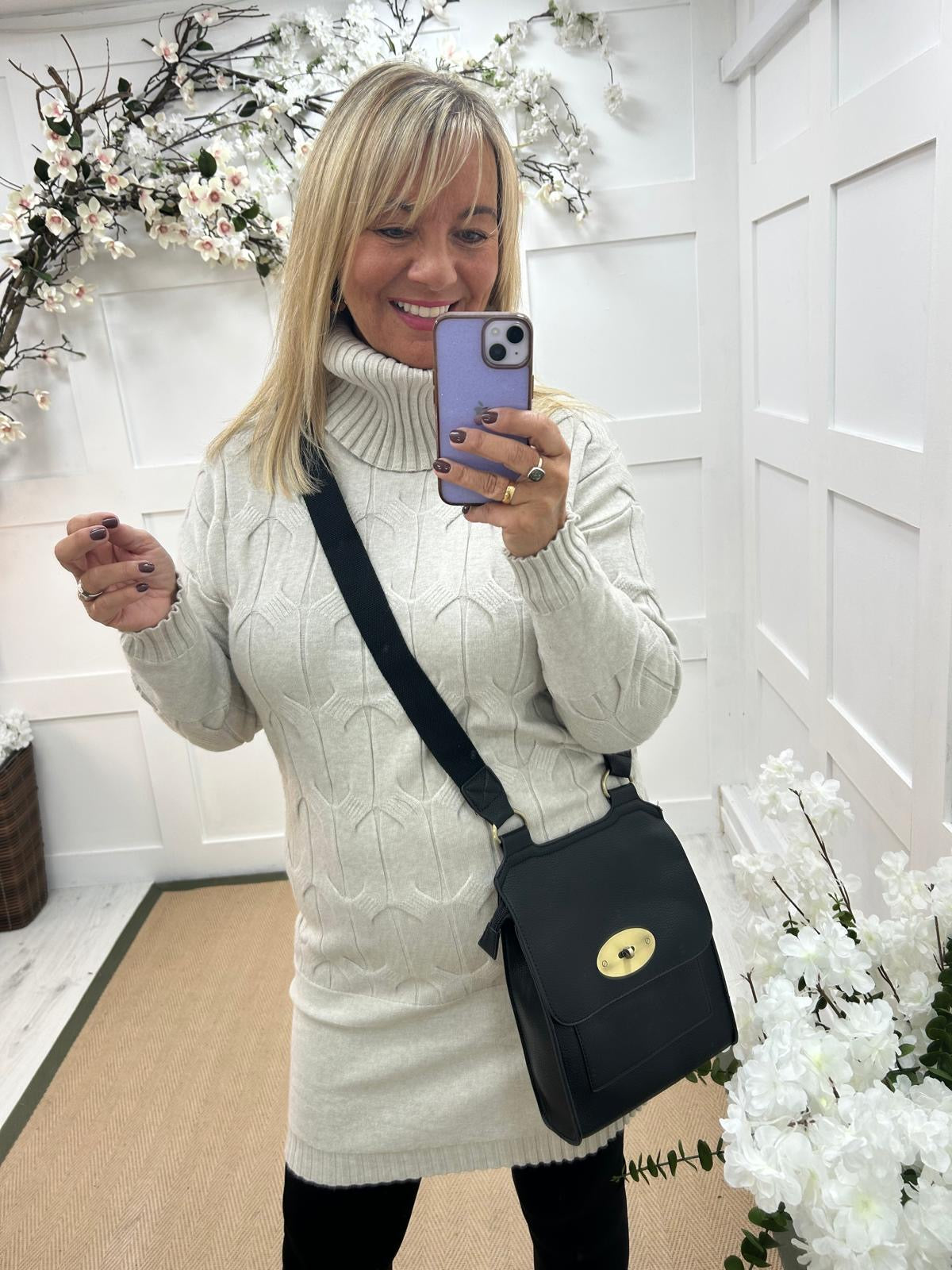 Destiny: Cream high neck knitted jumper dress. One Sz: 12-18