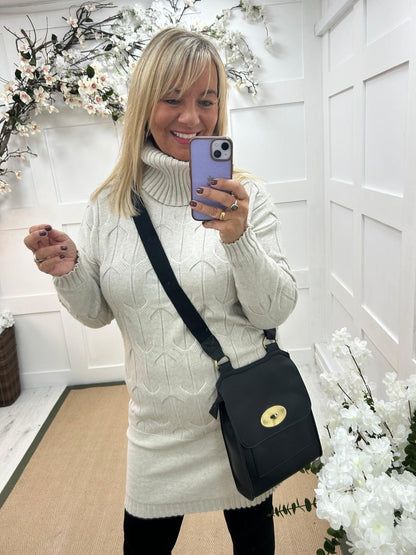 Destiny: Cream high neck knitted jumper dress. One Sz: 12-18