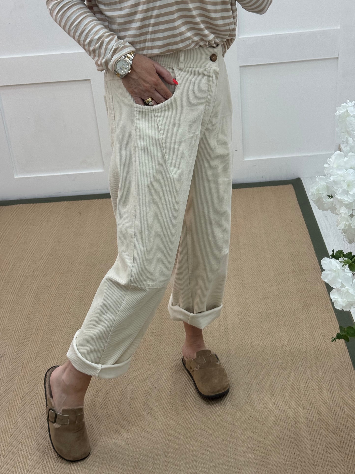 Zarah: Cream corduroy high waist trousers. One size: 12-16