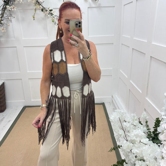 Gigi: Brown suedette & tassel waistcoat. One size: 8-14
