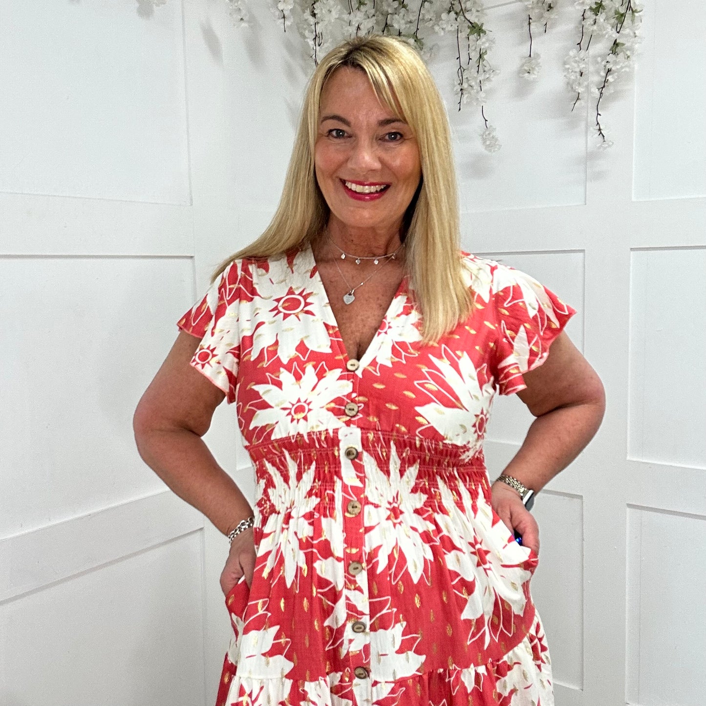 Emmy: Coral & white stretchy V neck midi dress. One size: 10-20