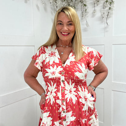 Emmy: Coral & white stretchy V neck midi dress. One size: 10-20