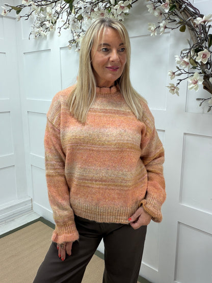 Orla: Orange stripe ruffle neck knit. One size: 10-16