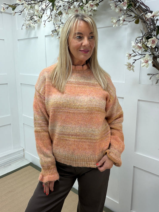 Orla: Orange stripe ruffle neck knit. One size: 10-16