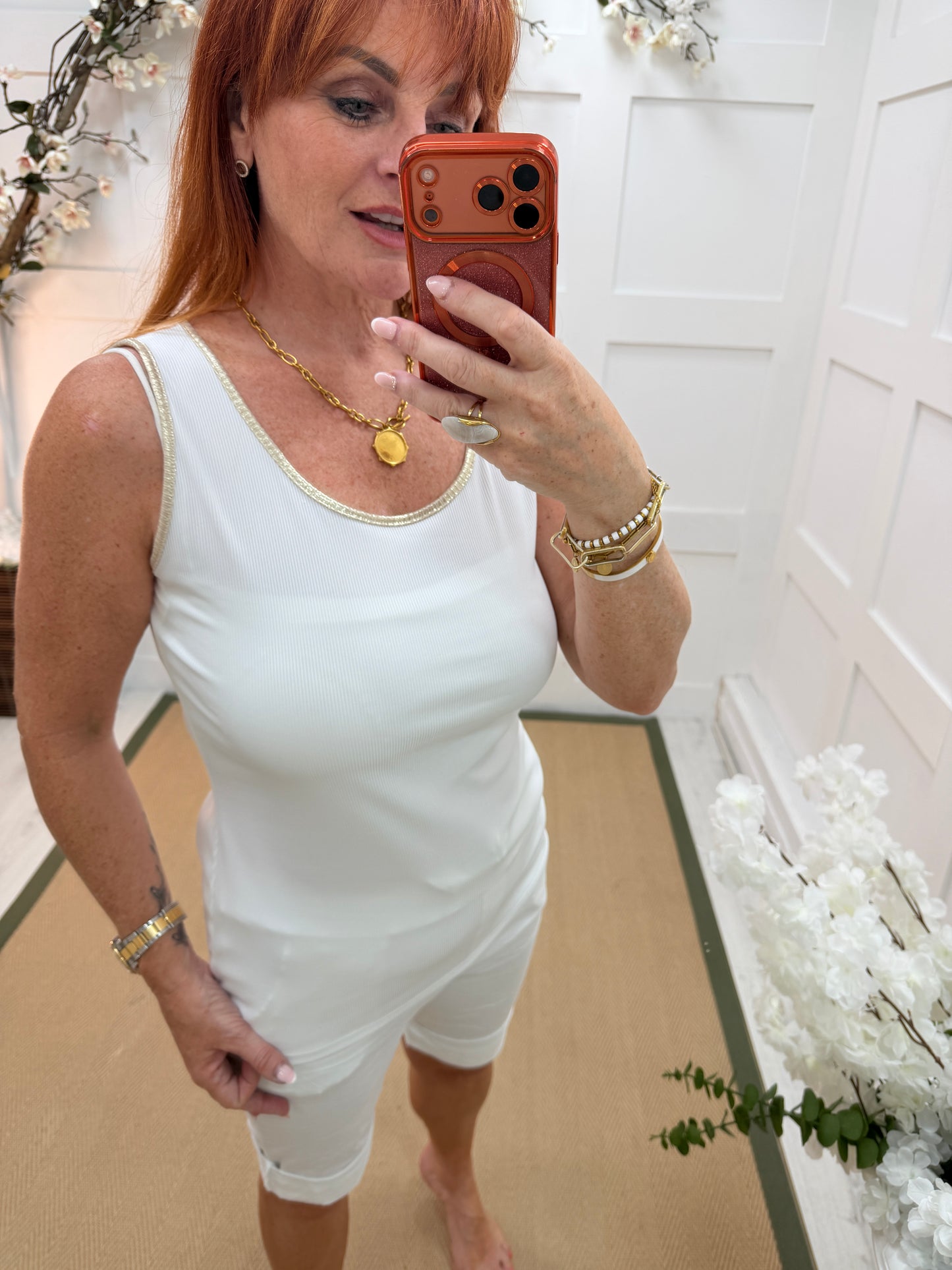 Lydia: Gold trim stretchy vest top. One size: 10-16. 3 colours