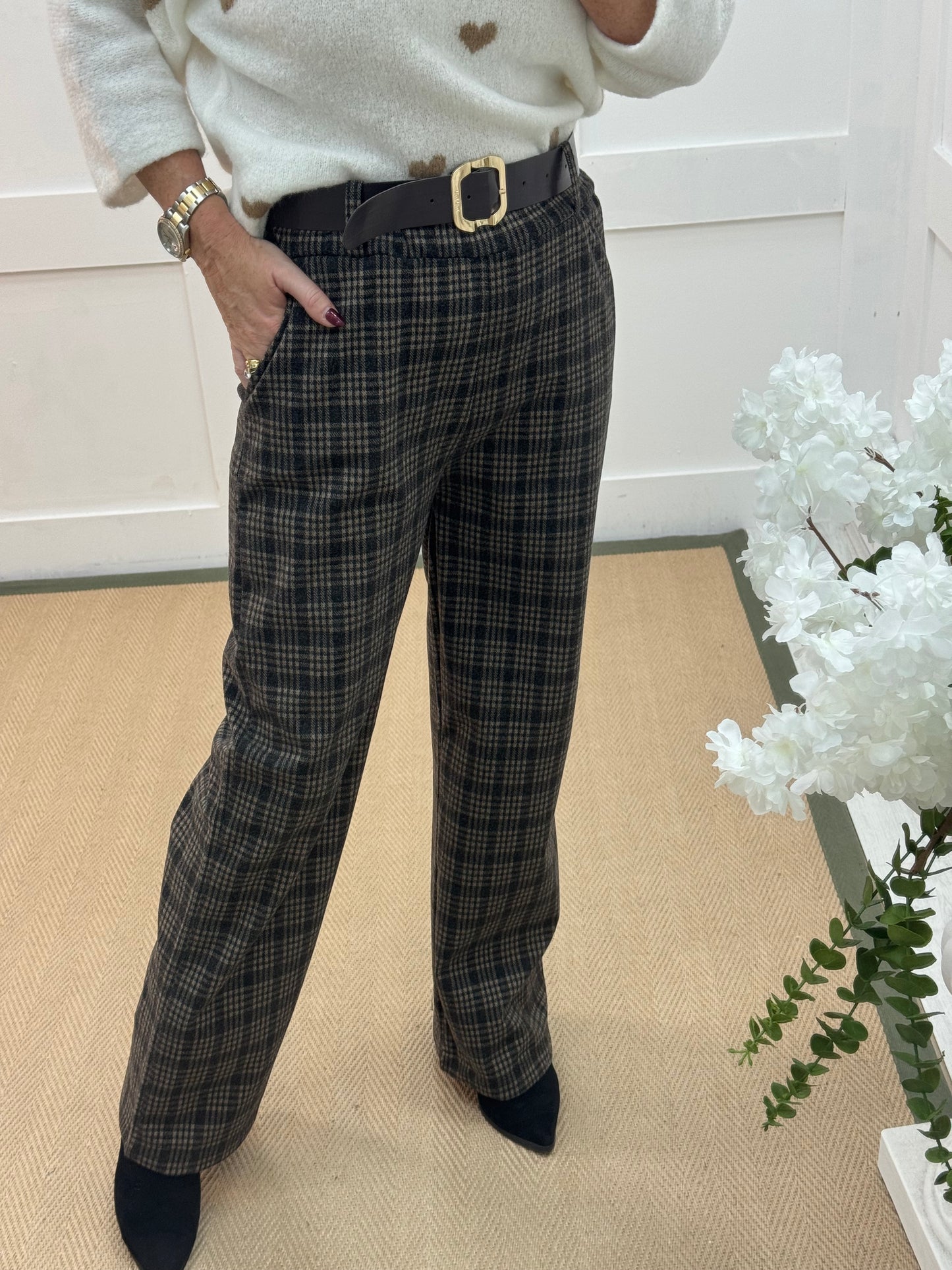 Sofia: Black and cream check trousers. One size 10-14