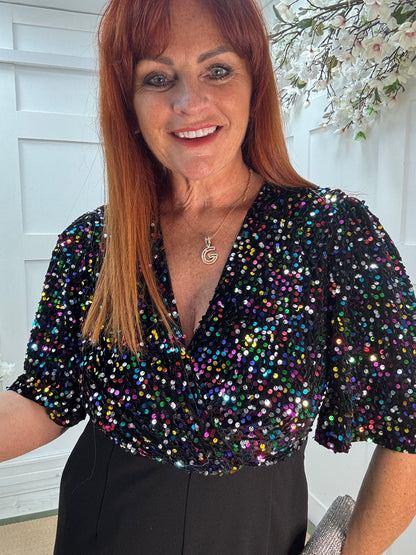 Delphine: Multicoloured velvet sequin wide leg jumpsuit. Sizes 8-12