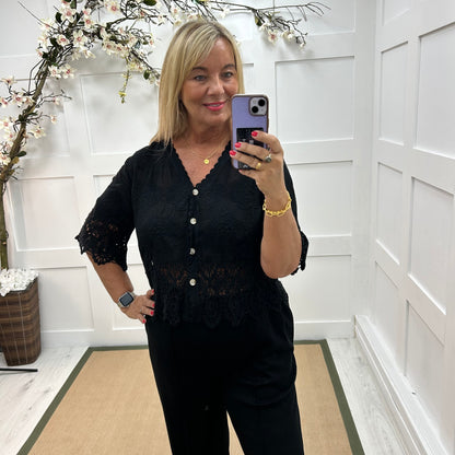 Effie: Black embroidered cardigan top. One size: 12-18